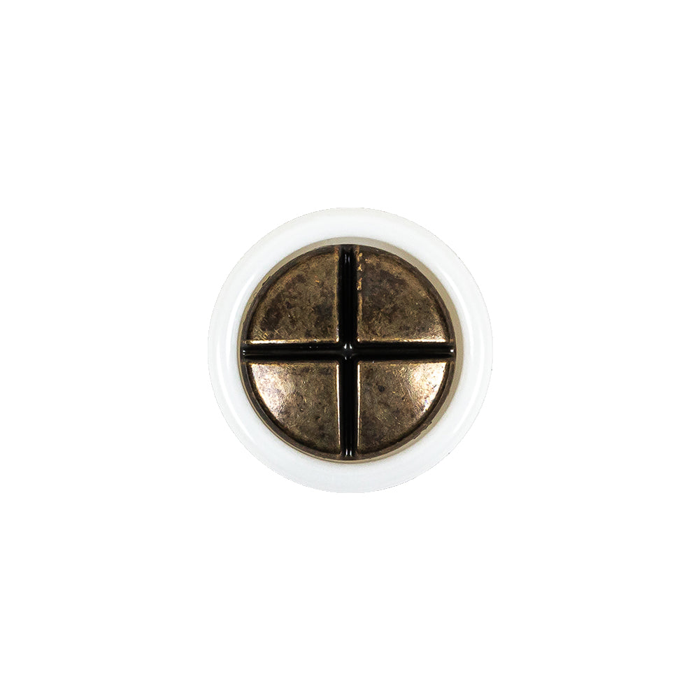 Italian White and Antique Bronze Plus Sign Plastic Shank Back Button - 25L/16mm