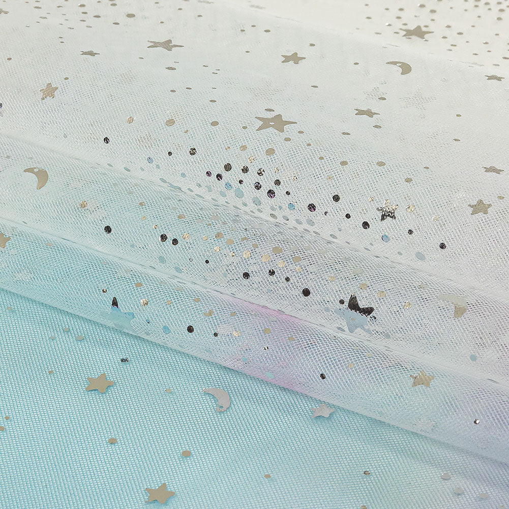 Blue, White and Silver Starry Border Printed Tulle - Folded