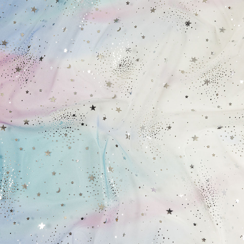 Blue, White and Silver Starry Border Printed Tulle