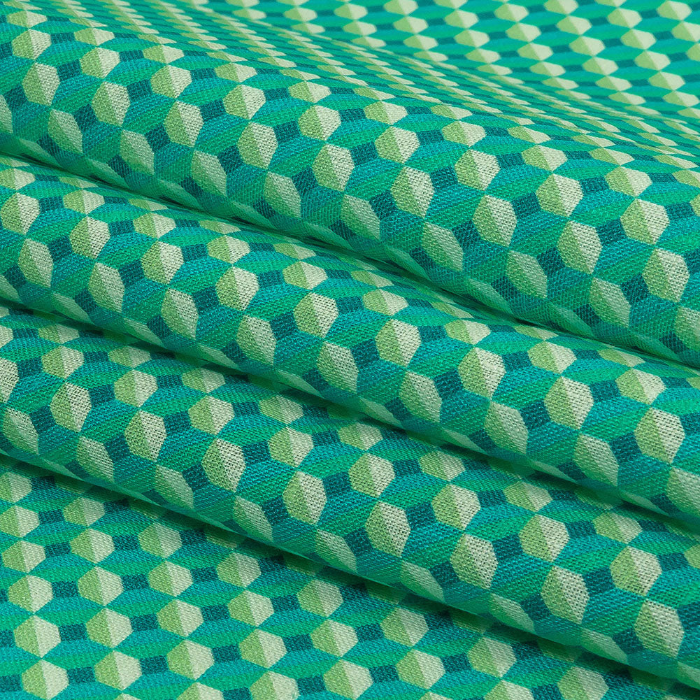 Teal and Lime Geometric Medium Weight Linen Woven Folded