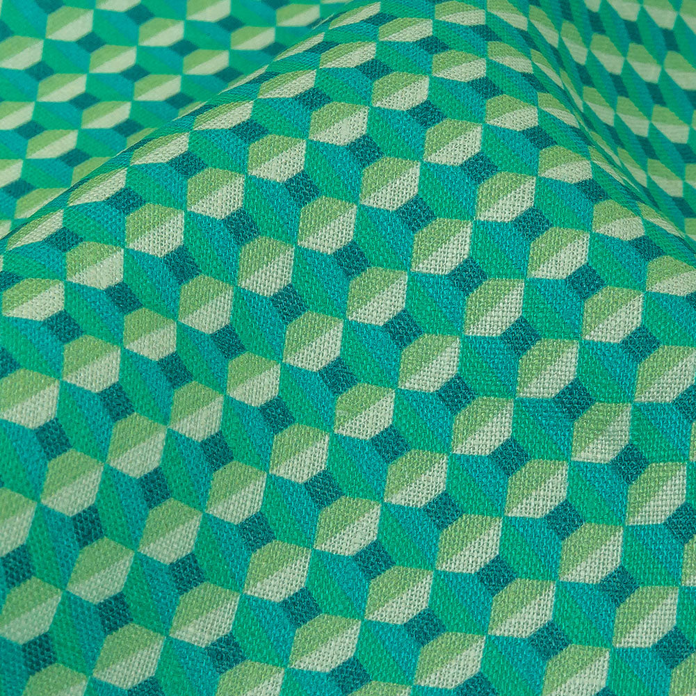 Teal and Lime Geometric Medium Weight Linen Woven Detail