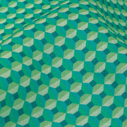 Teal and Lime Geometric Medium Weight Linen Woven Detail