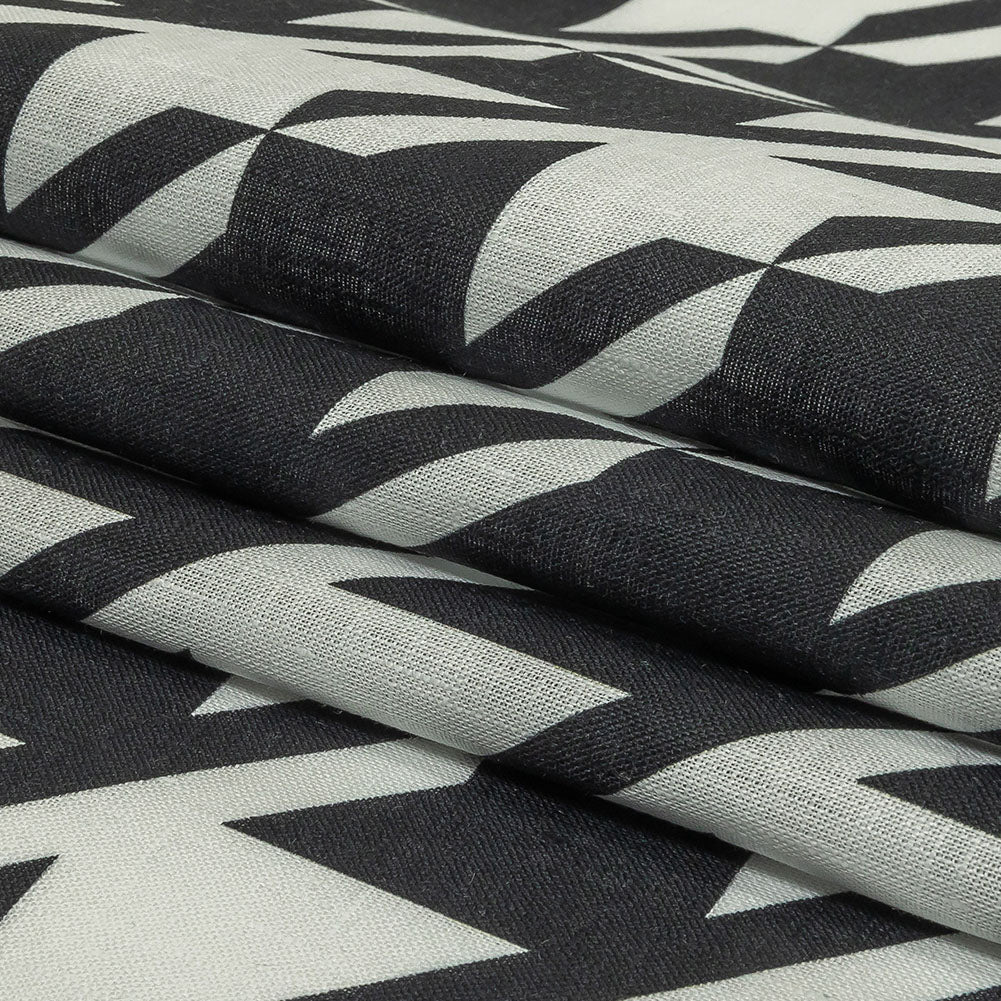 Black and White Oversized Houndstooth Printed Medium Weight Linen Woven Folded