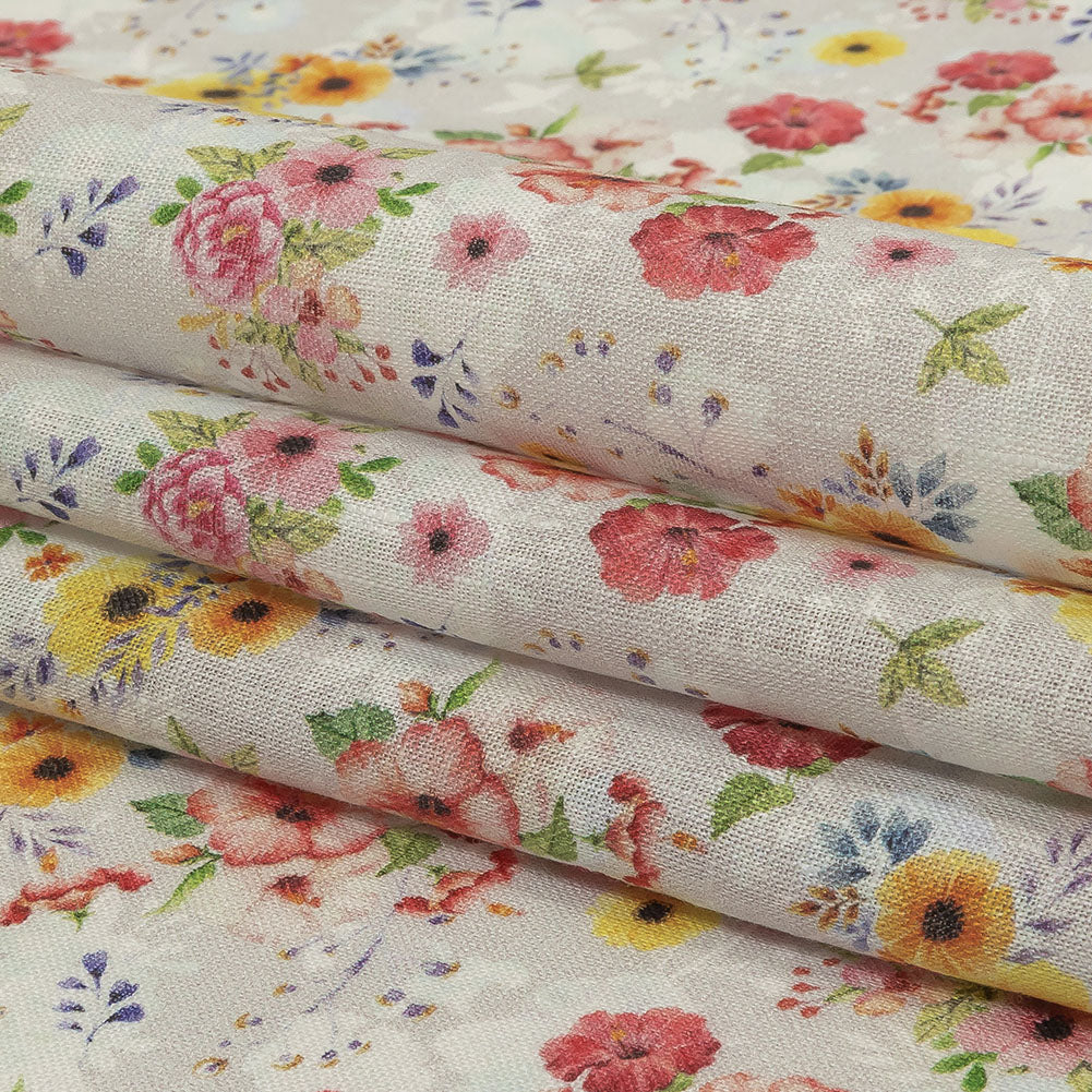 Pink, Yellow and Gray Wildflowers Medium Weight Linen Woven Folded