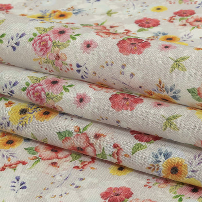 Pink, Yellow and Gray Wildflowers Medium Weight Linen Woven Folded