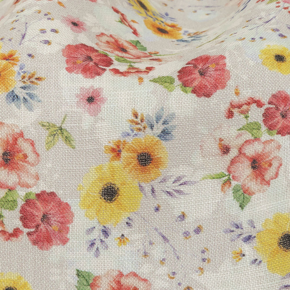 Pink, Yellow and Gray Wildflowers Medium Weight Linen Woven Detail