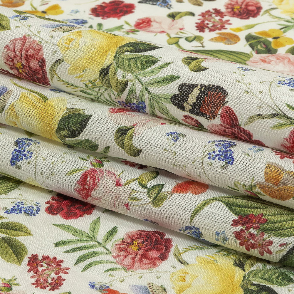 Dark Pink, Yellow and Green Butterfly Garden Medium Weight Linen Woven Folded
