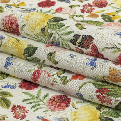 Dark Pink, Yellow and Green Butterfly Garden Medium Weight Linen Woven Folded