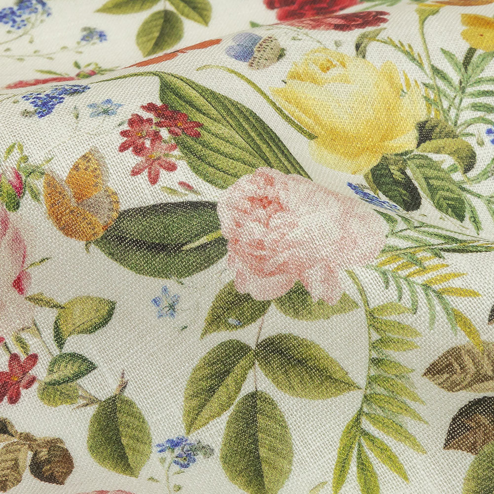 Dark Pink, Yellow and Green Butterfly Garden Medium Weight Linen Woven Detail