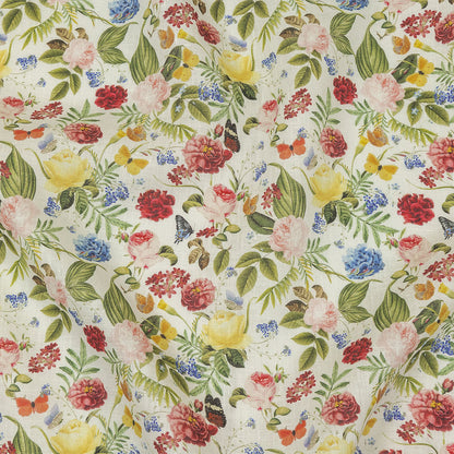 Dark Pink, Yellow and Green Butterfly Garden Medium Weight Linen Woven