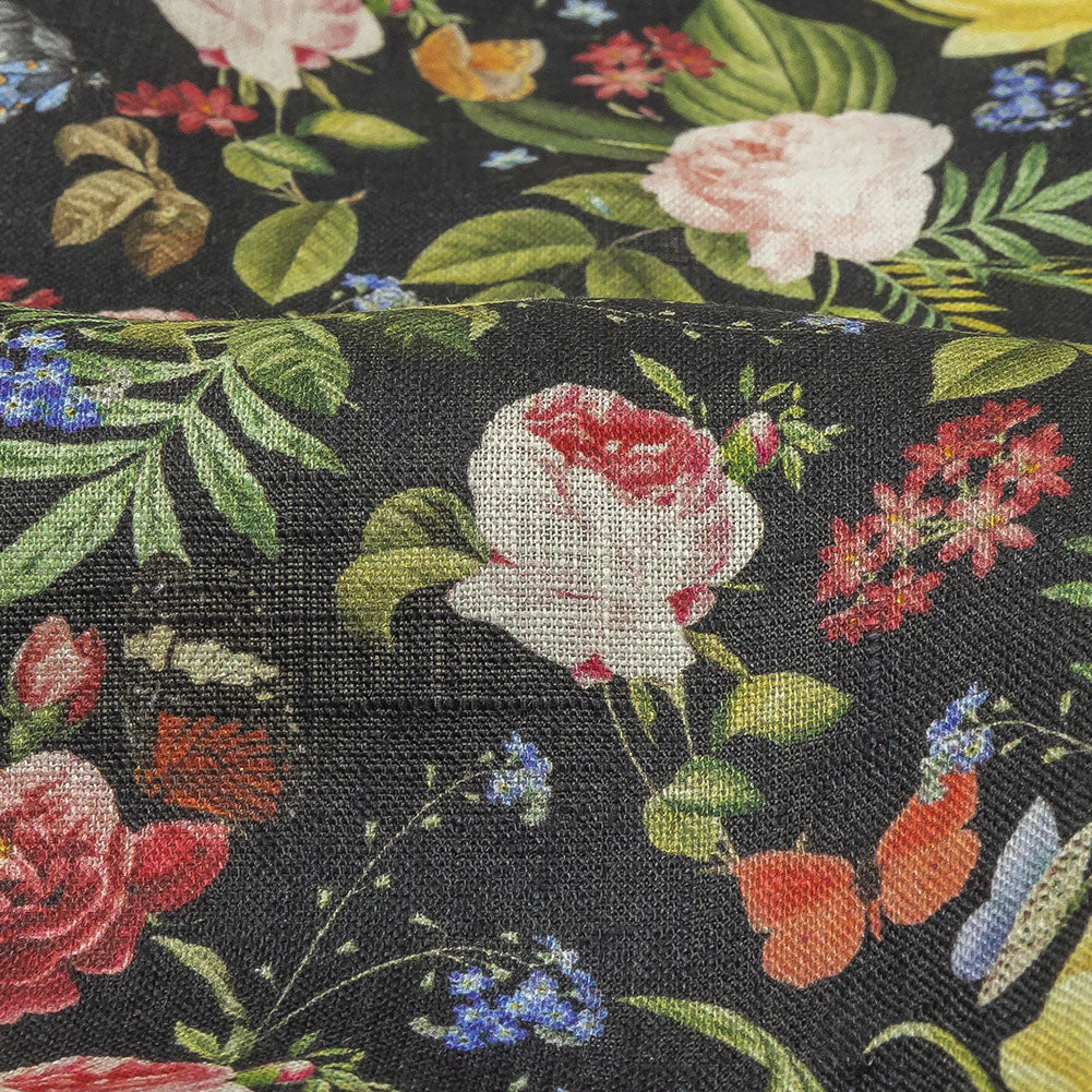 Black, Pink and Yellow Butterfly Garden Medium Weight Linen Woven Detail
