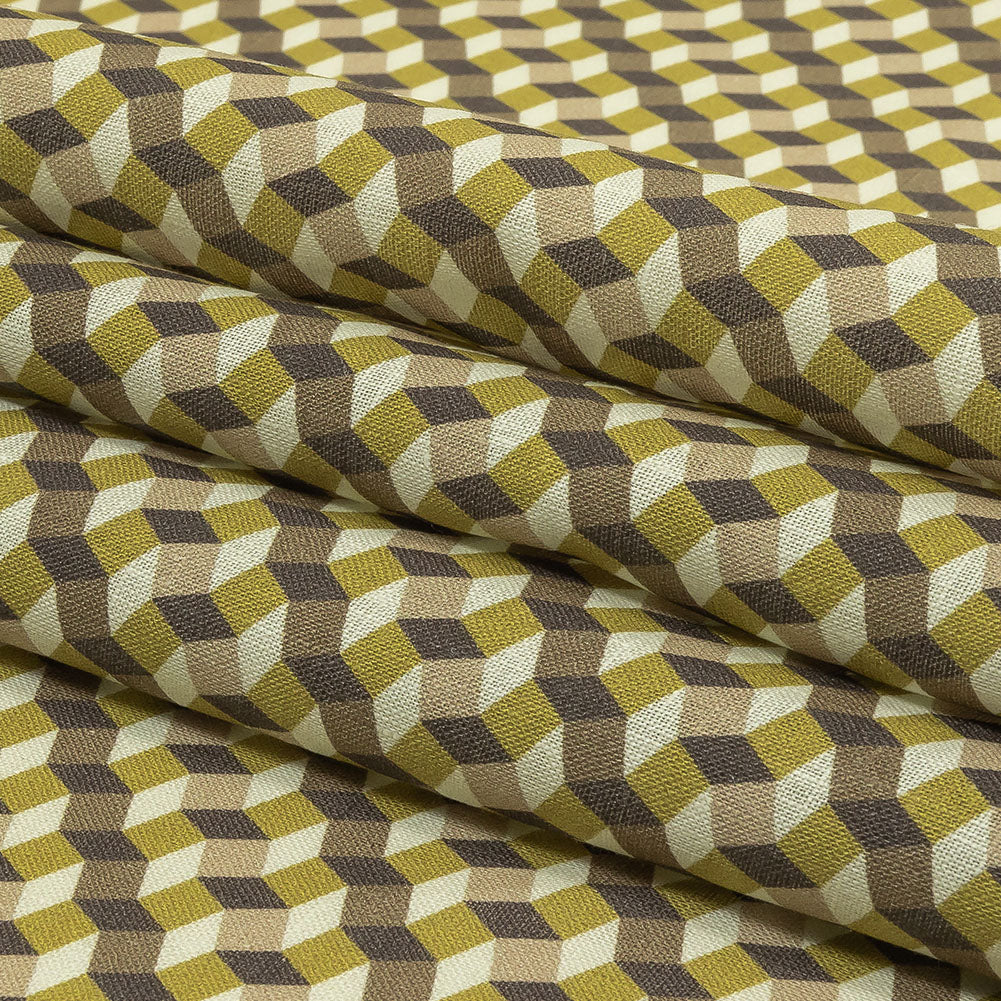 Olive, Brown and Beige Diamond Illusion Medium Weight Linen Woven Folded