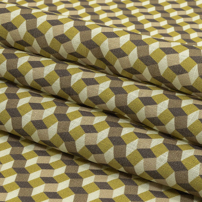 Olive, Brown and Beige Diamond Illusion Medium Weight Linen Woven Folded