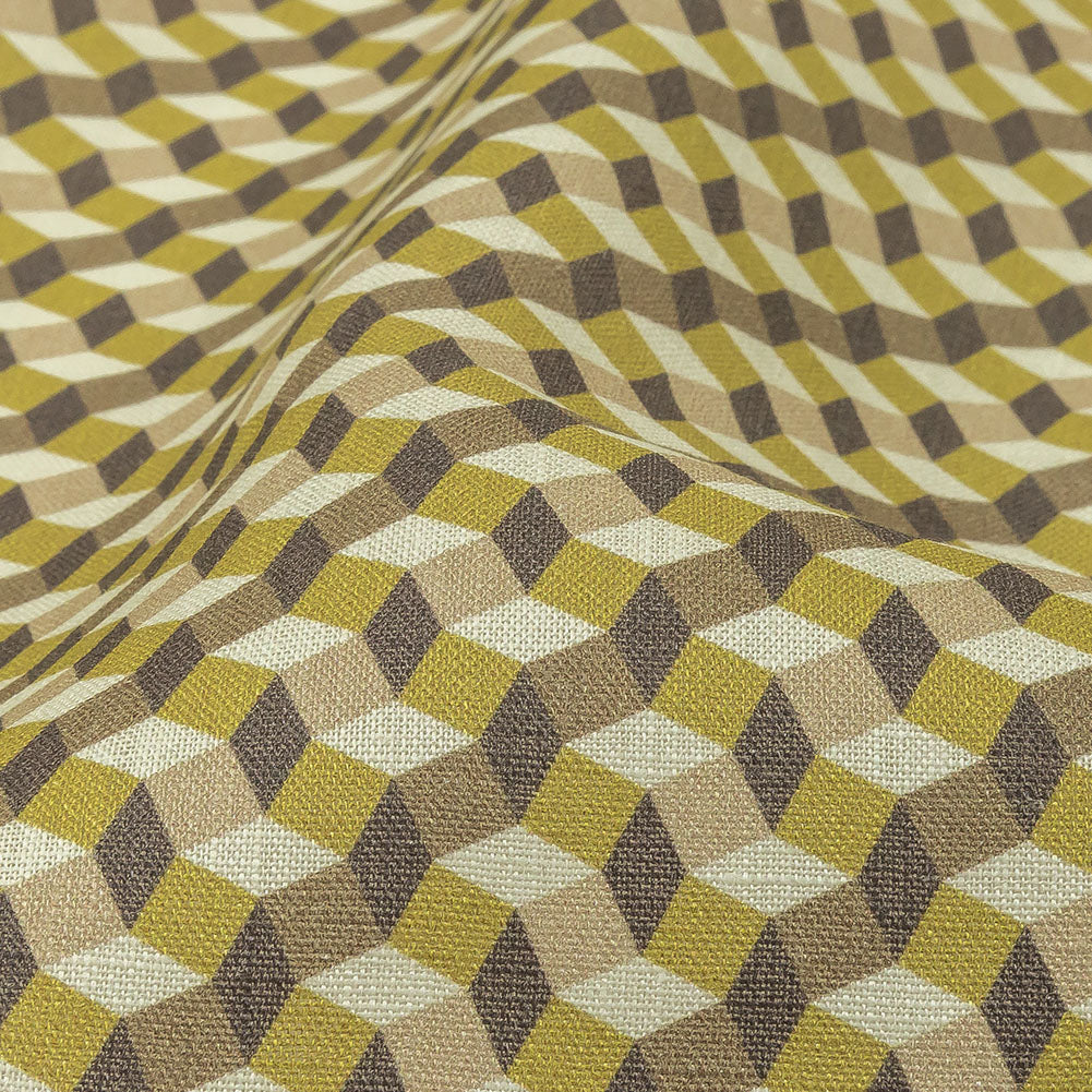 Olive, Brown and Beige Diamond Illusion Medium Weight Linen Woven Detail