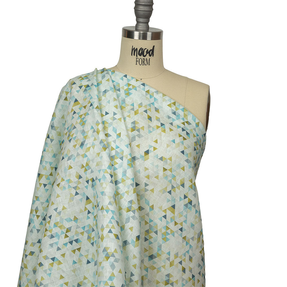 Blue, Lime and White Triangles Medium Weight Linen Woven Drape