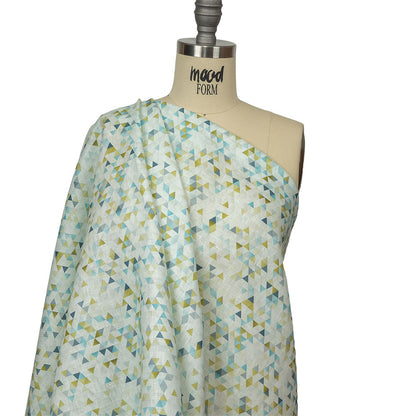 Blue, Lime and White Triangles Medium Weight Linen Woven Drape