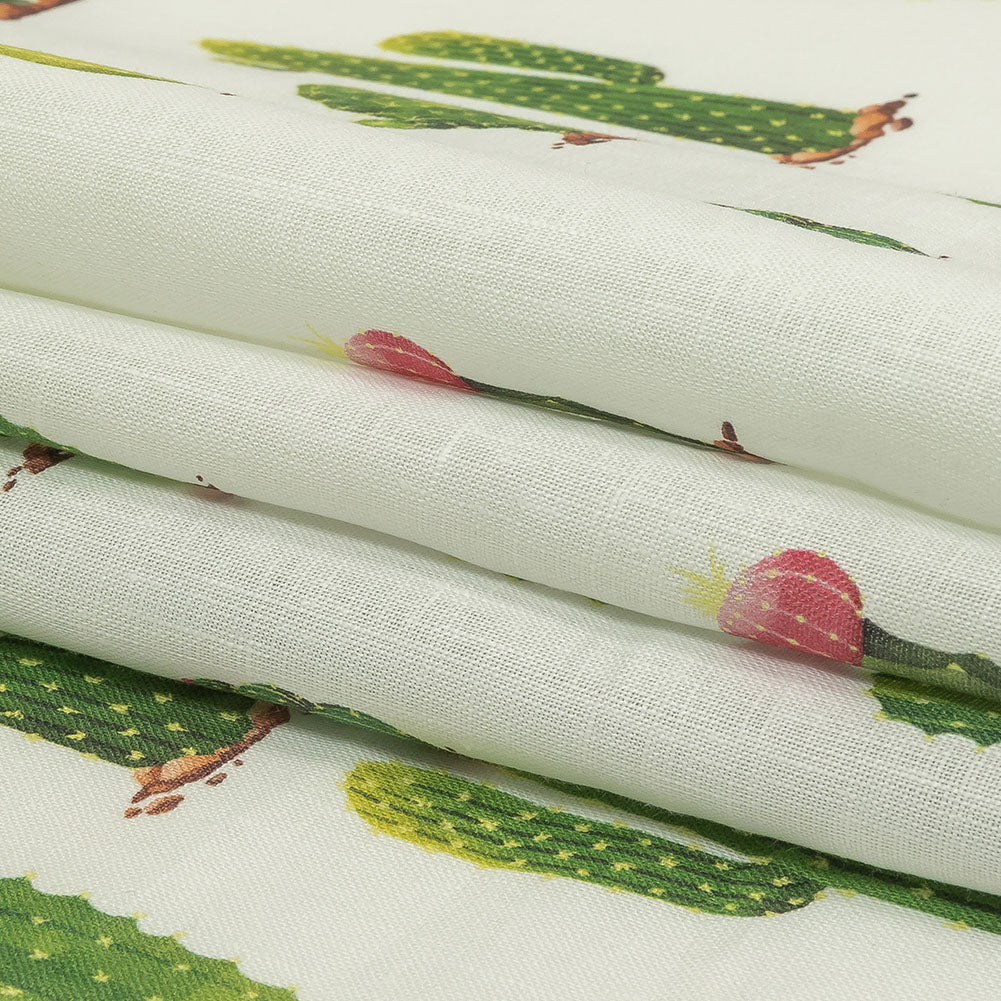 Green and Ivory Cactuses Medium Weight Linen Woven Folded