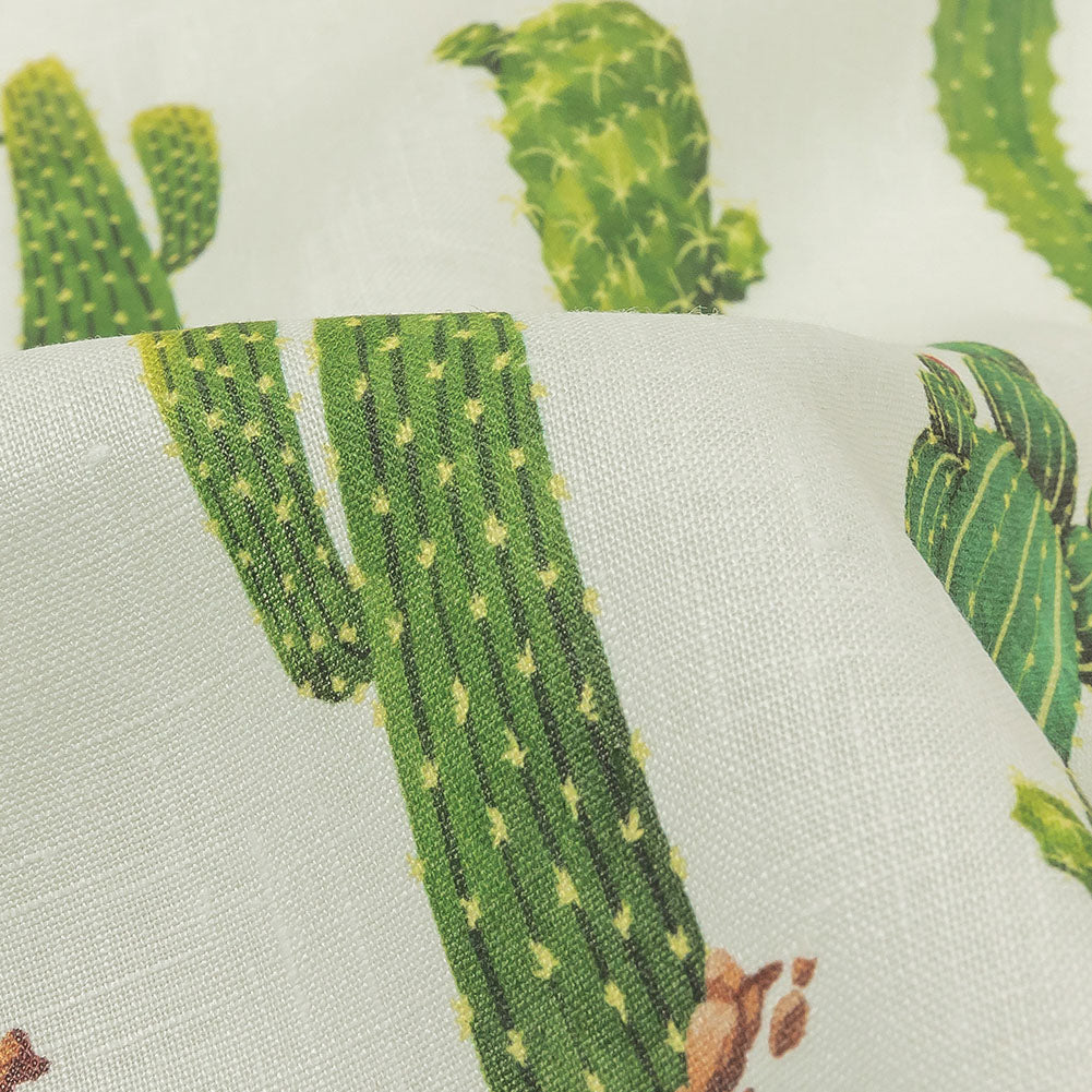 Green and Ivory Cactuses Medium Weight Linen Woven Detail