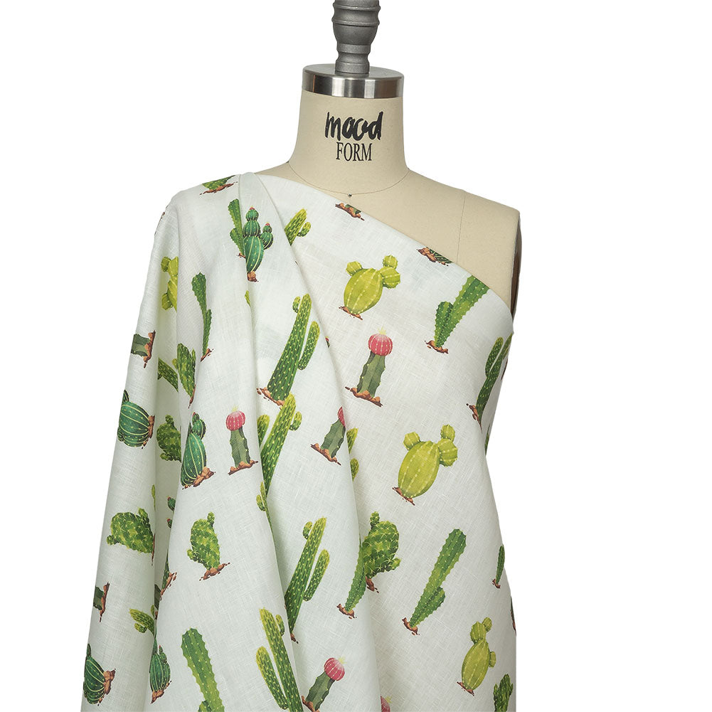 Green and Ivory Cactuses Medium Weight Linen Woven Drape