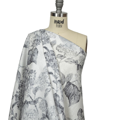 Gray and White Hydrangeas Medium Weight Linen Woven Drape