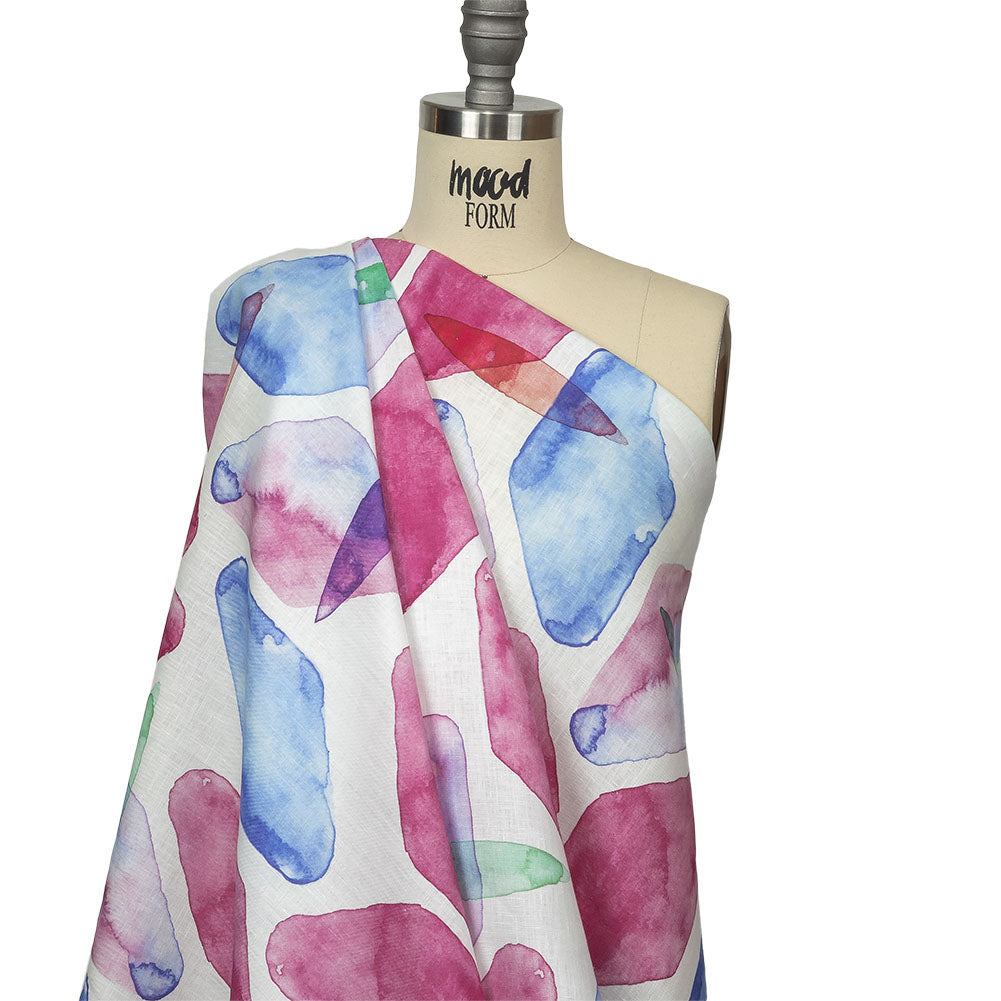 Pink, Blue and Green Painterly Geometry Medium Weight Linen Woven Drape