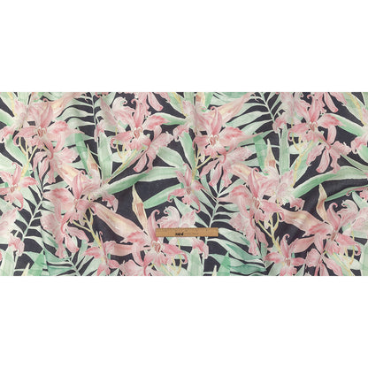 Pink, Green and Black Lilies Medium Weight Linen Woven Full