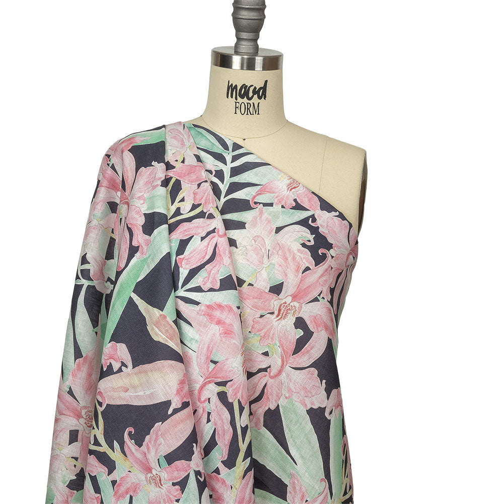 Pink, Green and Black Lilies Medium Weight Linen Woven Drape