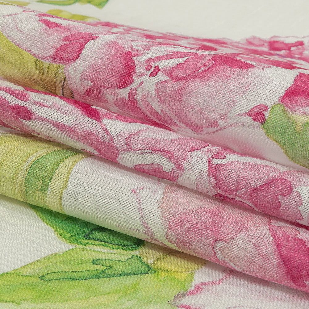 Pink, Green and White Watercolor Roses Medium Weight Linen Woven Folded