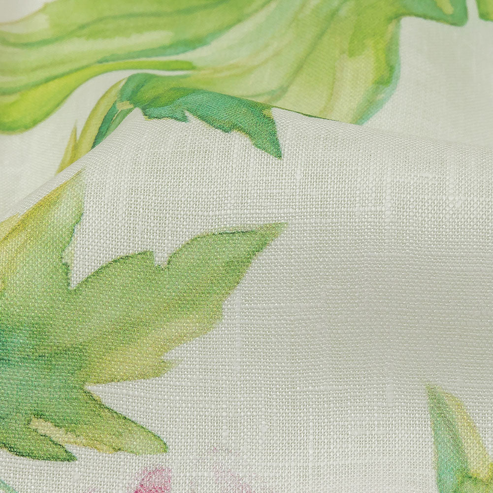 Pink, Green and White Watercolor Roses Medium Weight Linen Woven Detail