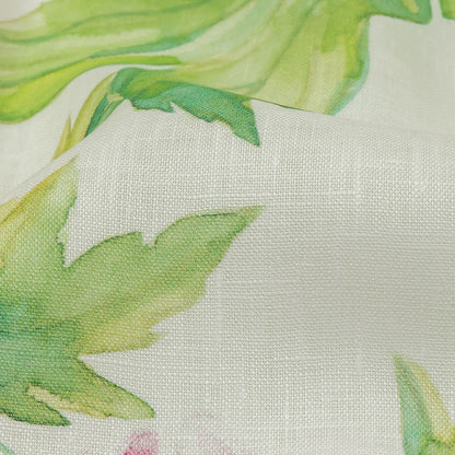 Pink, Green and White Watercolor Roses Medium Weight Linen Woven Detail