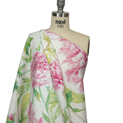 Pink, Green and White Watercolor Roses Medium Weight Linen Woven Drape