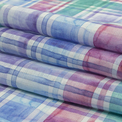 Purple, Teal and Pink Watercolor Plaid Medium Weight Linen Woven Folded