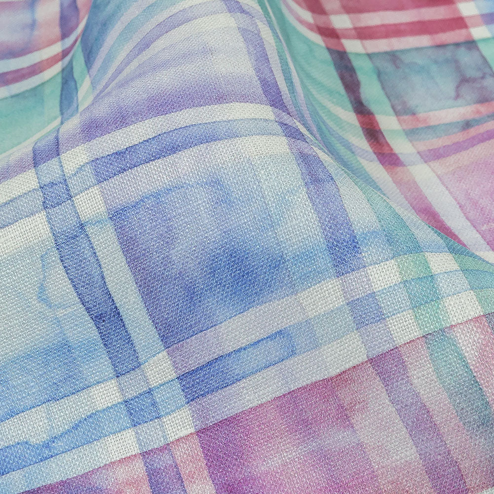 Purple, Teal and Pink Watercolor Plaid Medium Weight Linen Woven Detail
