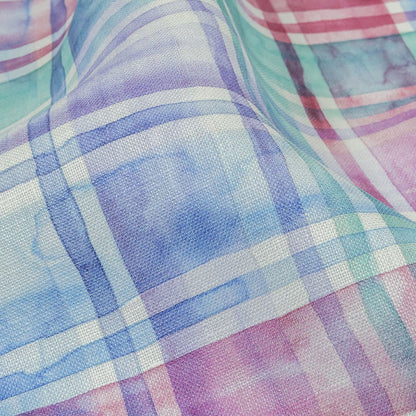 Purple, Teal and Pink Watercolor Plaid Medium Weight Linen Woven Detail