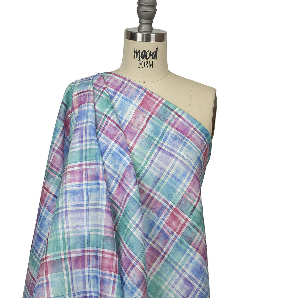 Purple, Teal and Pink Watercolor Plaid Medium Weight Linen Woven Drape