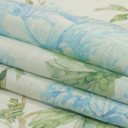 Blue, Green and White Watercolor Roses Medium Weight Linen Woven Folded