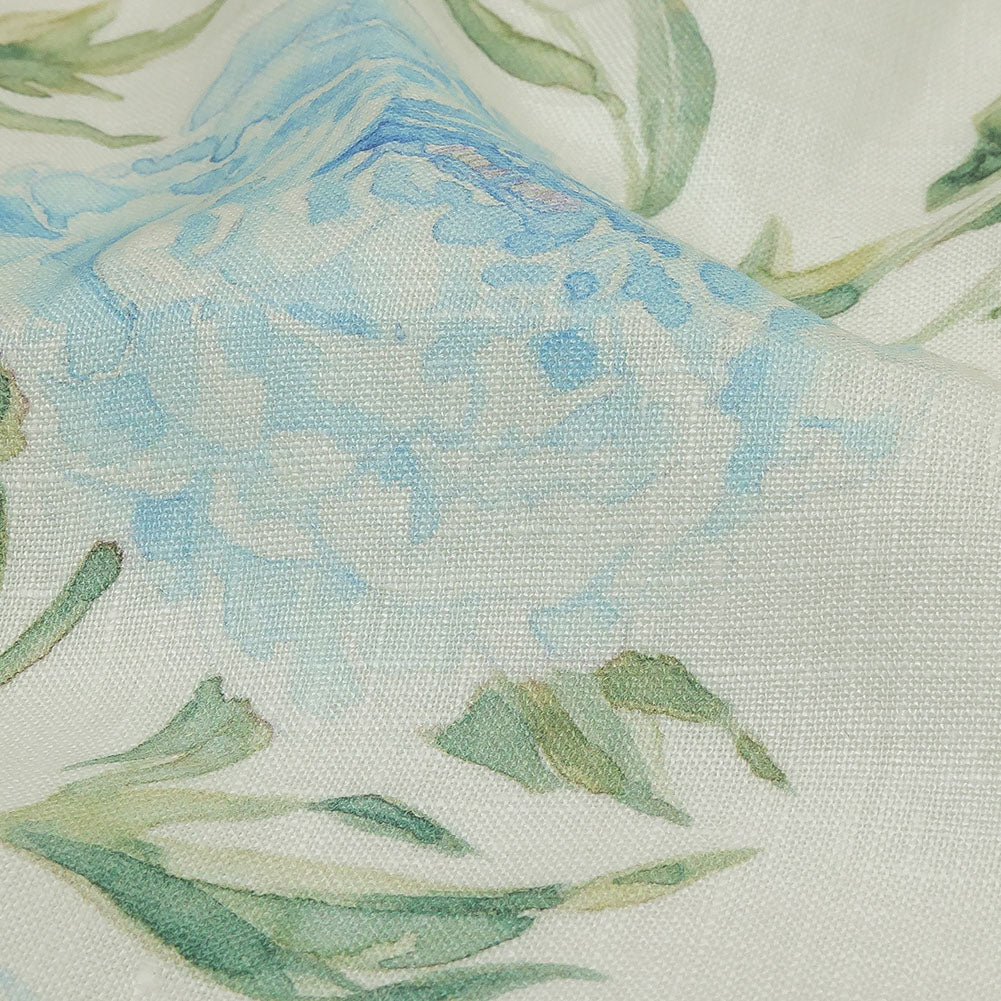 Blue, Green and White Watercolor Roses Medium Weight Linen Woven Detail