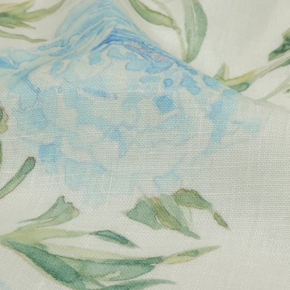 Blue, Green and White Watercolor Roses Medium Weight Linen Woven Detail