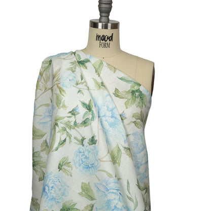Blue, Green and White Watercolor Roses Medium Weight Linen Woven Drape