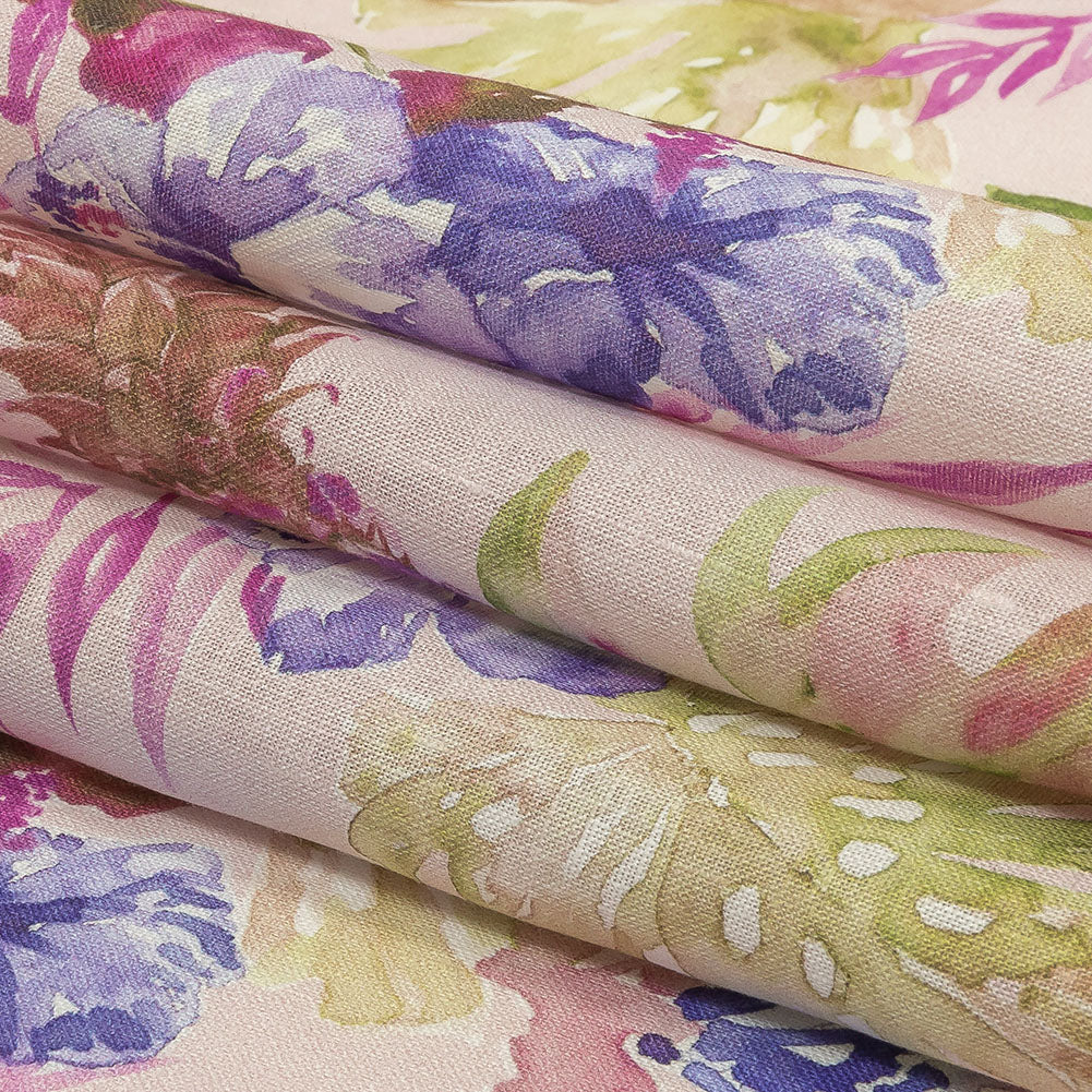 Pink, Purple and Green Watercolor Tropical Plants and Pineapples Medium Weight Linen Woven Folded