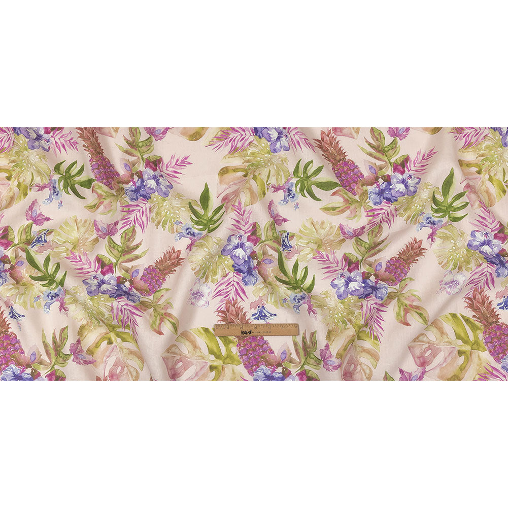 Pink, Purple and Green Watercolor Tropical Plants and Pineapples Medium Weight Linen Woven Full