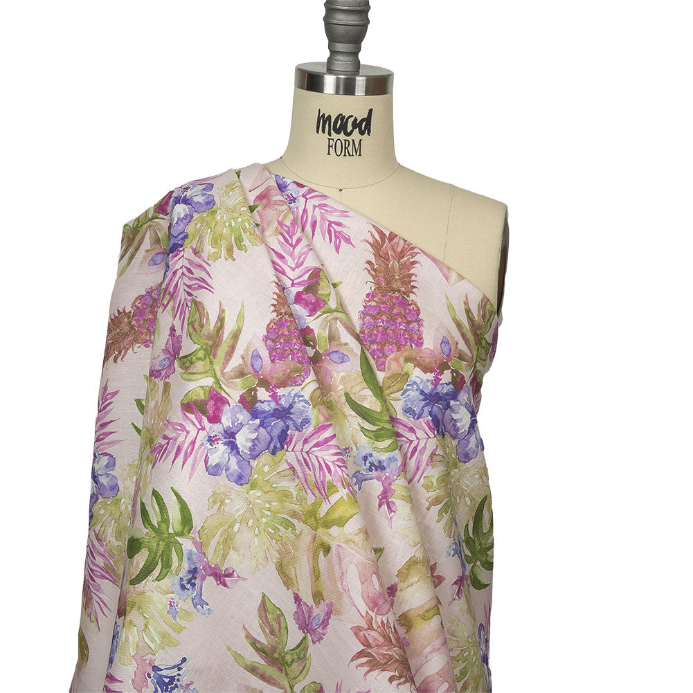 Pink, Purple and Green Watercolor Tropical Plants and Pineapples Medium Weight Linen Woven Drape