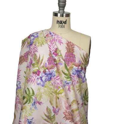 Pink, Purple and Green Watercolor Tropical Plants and Pineapples Medium Weight Linen Woven Drape