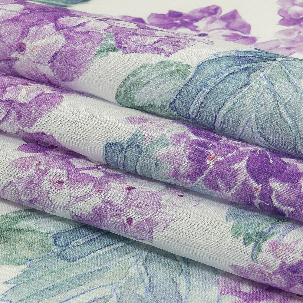 Purple, Green and White Hydrangeas Medium Weight Linen Woven Folded
