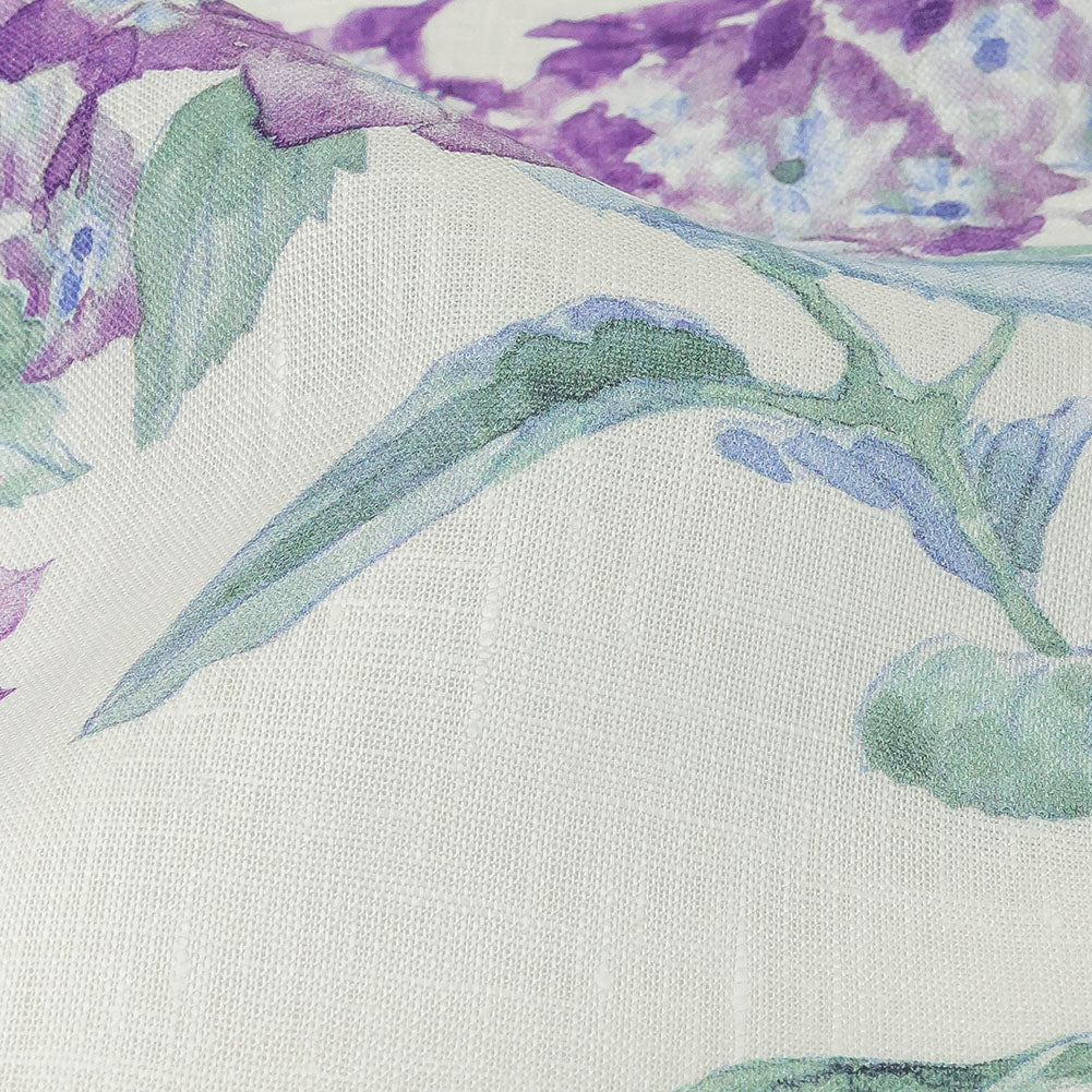 Purple, Green and White Hydrangeas Medium Weight Linen Woven Detail
