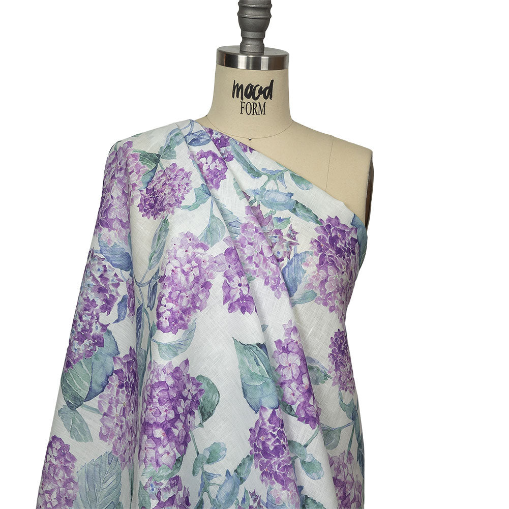 Purple, Green and White Hydrangeas Medium Weight Linen Woven Drape