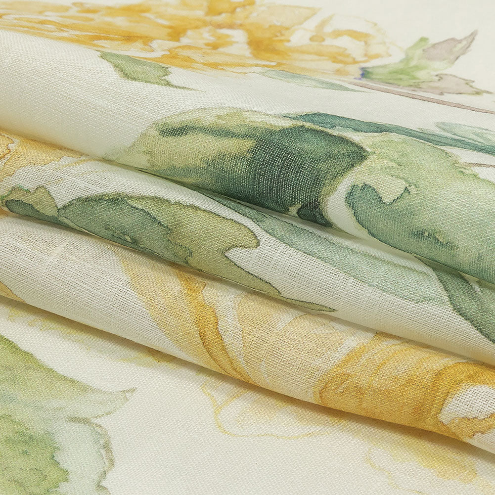 Yellow, Green and White Watercolor Roses Medium Weight Linen Woven Folded