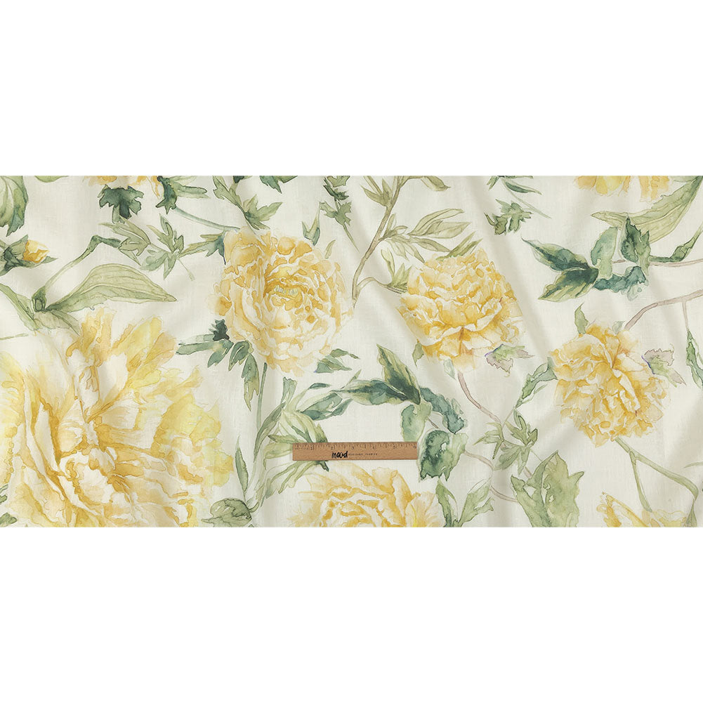 Yellow, Green and White Watercolor Roses Medium Weight Linen Woven Full