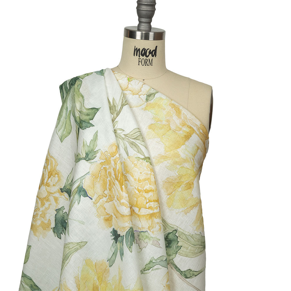 Yellow, Green and White Watercolor Roses Medium Weight Linen Woven Drape
