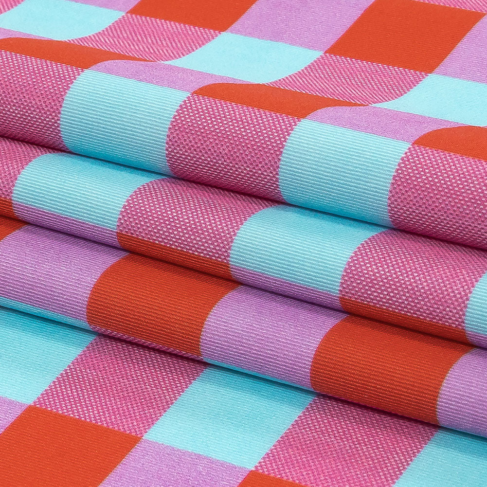 Red Orange and Aqua Checks UV Protective Compression Swimwear Tricot with Aloe Vera Microcapsules - Folded